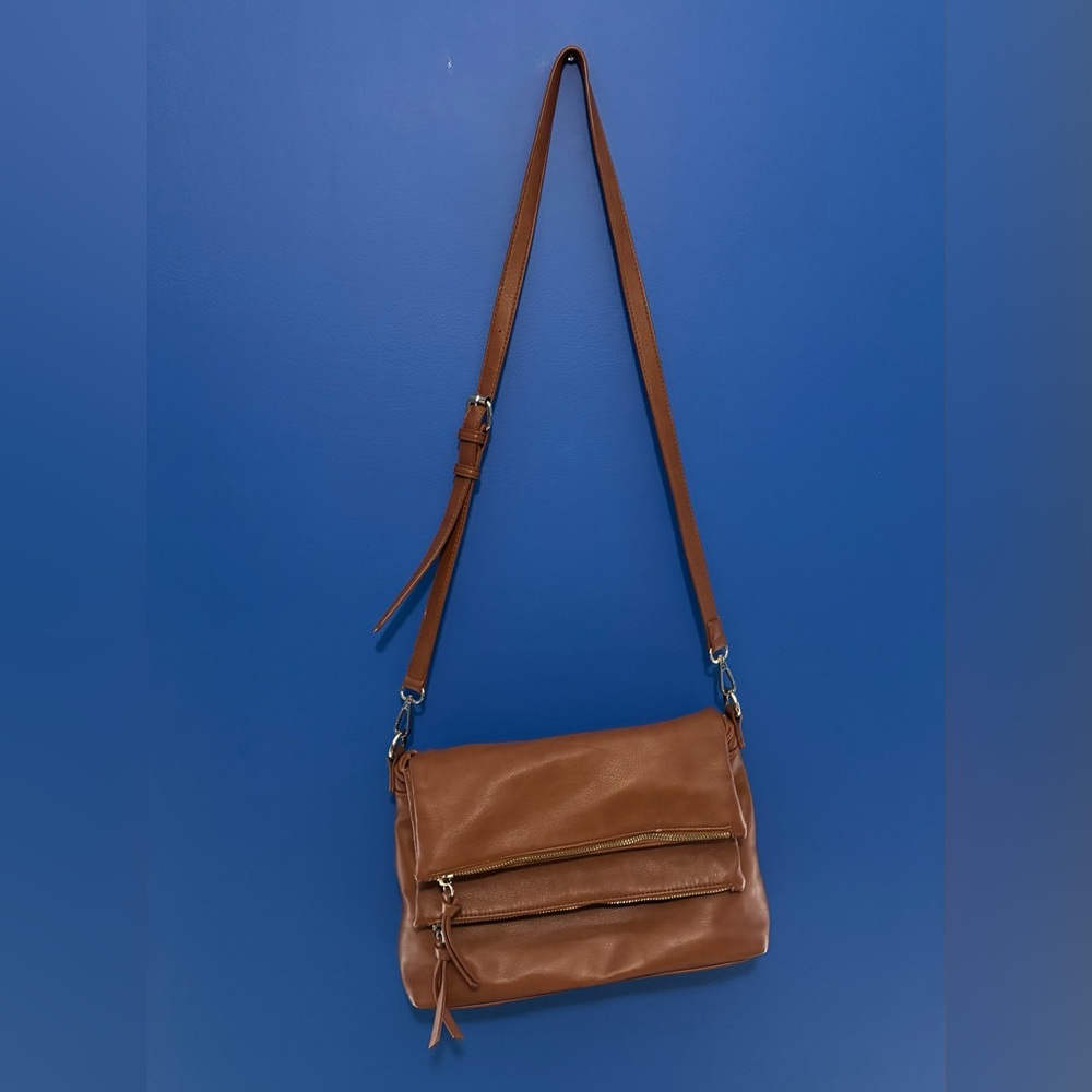 {Madison West} Brown Faux Leather Crossbody Bag with fold over pockets